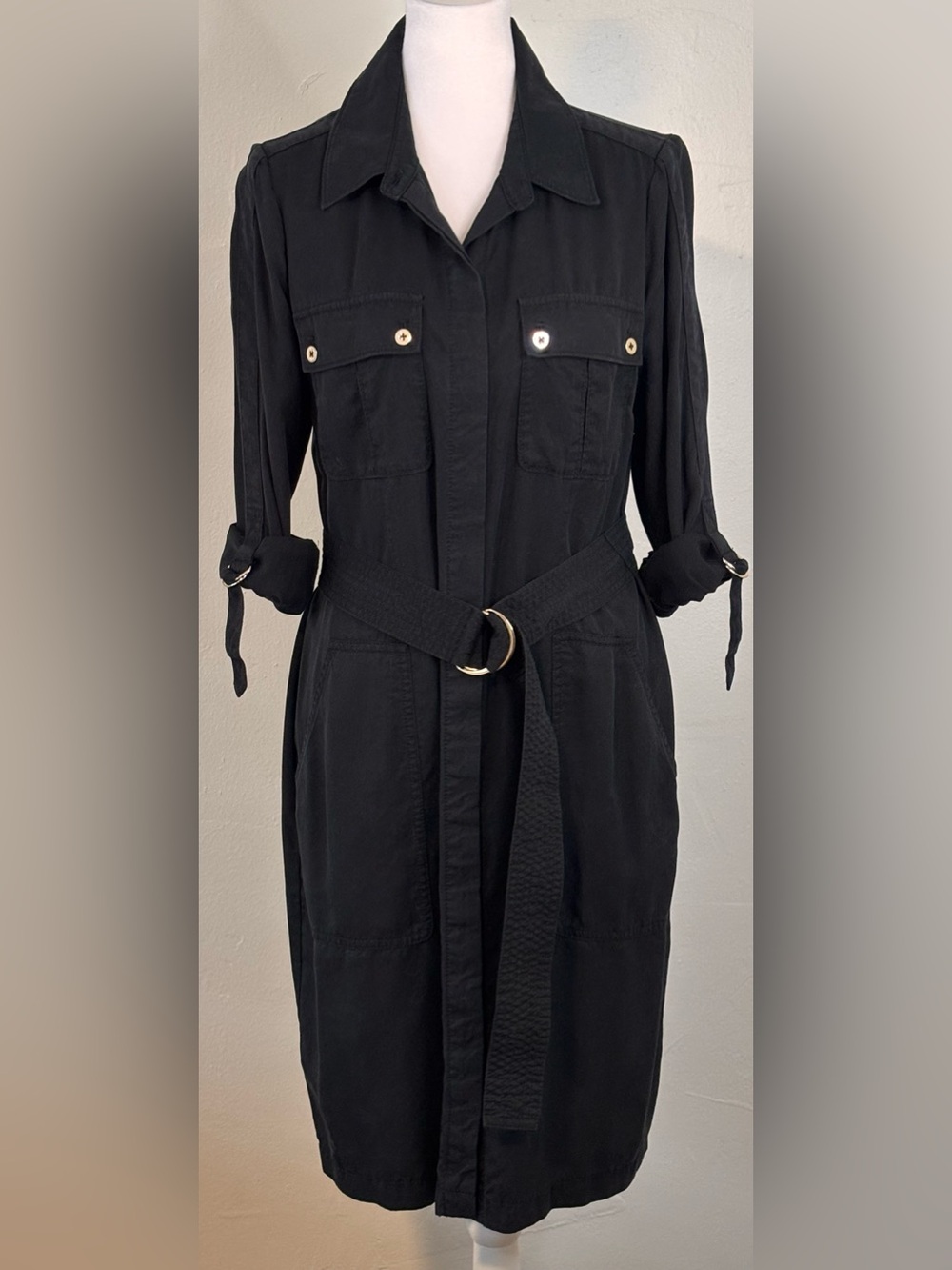White House Black Market Black Utility Shirt Dress Roll Sleeves Belted Size 10P
